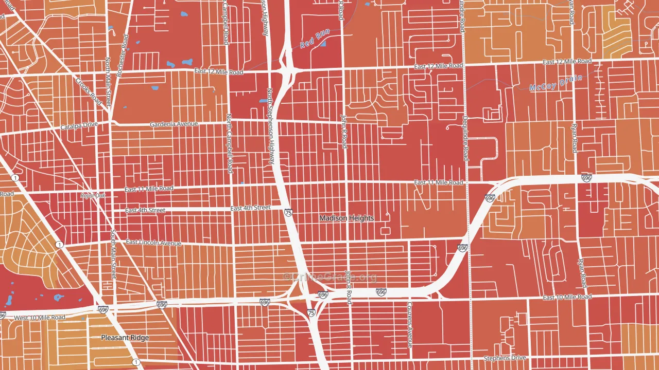 Downtown Madison Heights, Madison Heights, MI Map of Vehicle Theft Rates