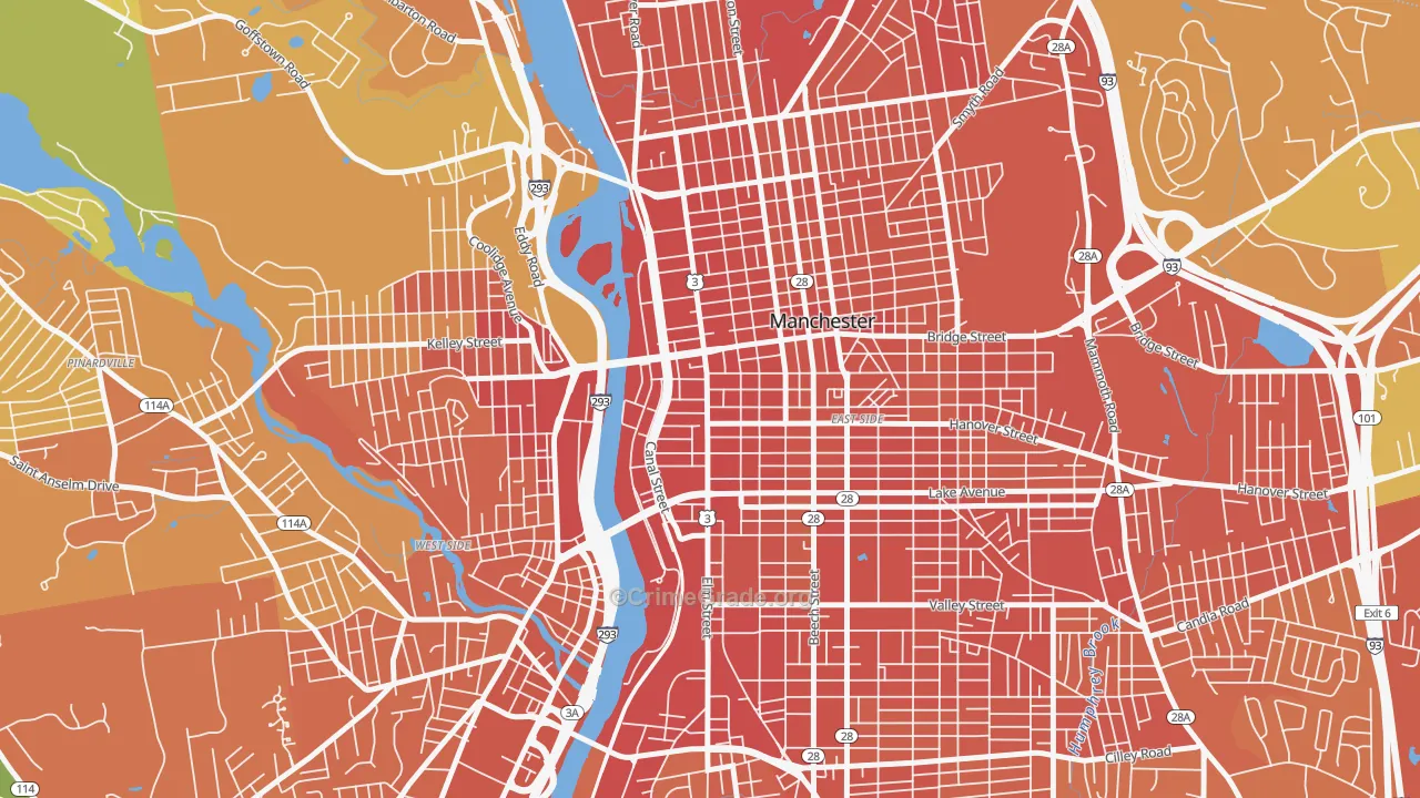 Downtown, Manchester, NH Map of Vehicle Theft Rates