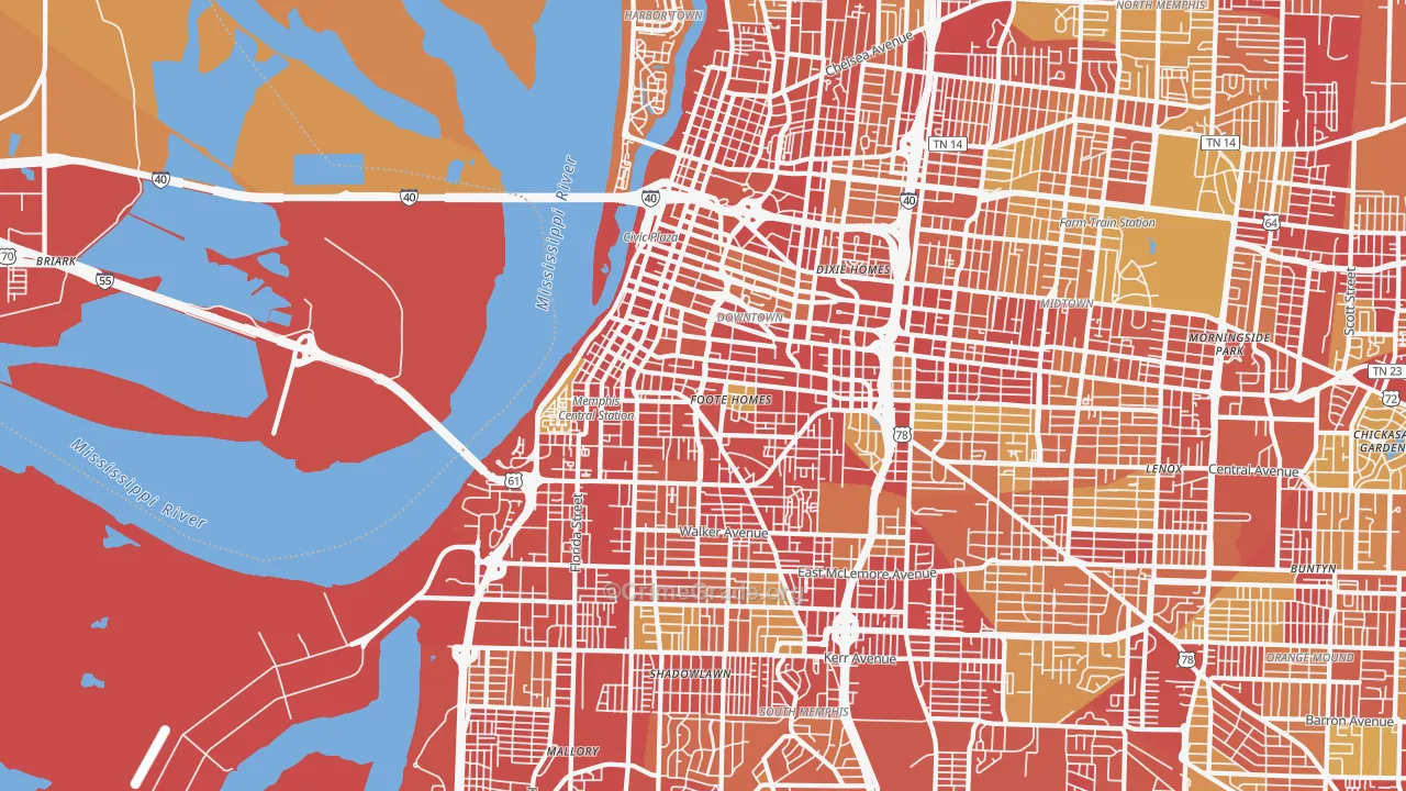 Downtown Memphis, Memphis, TN Map of Vehicle Theft Rates