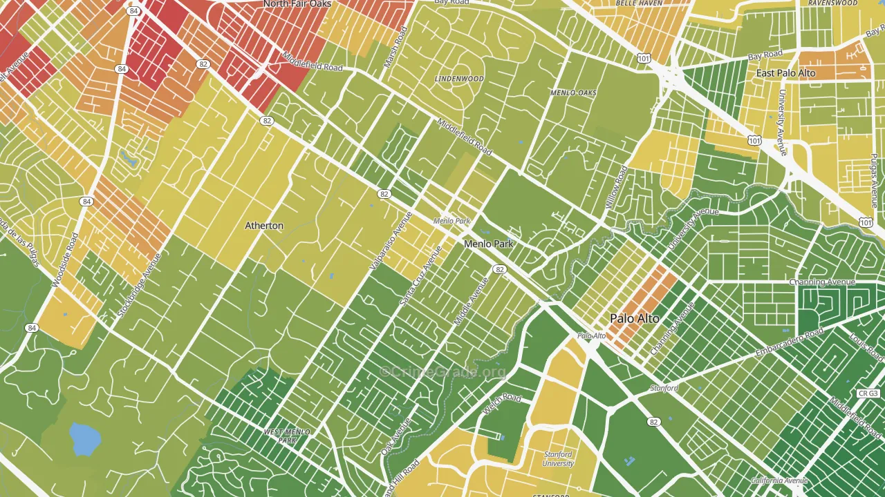 Downtown Menlo Park, Menlo Park, CA Map of Vehicle Theft Rates