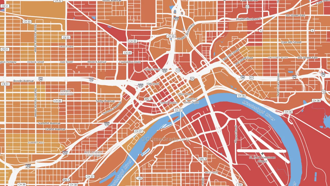 Downtown Minneapolis, St. Paul, MN Map of Vehicle Theft Rates