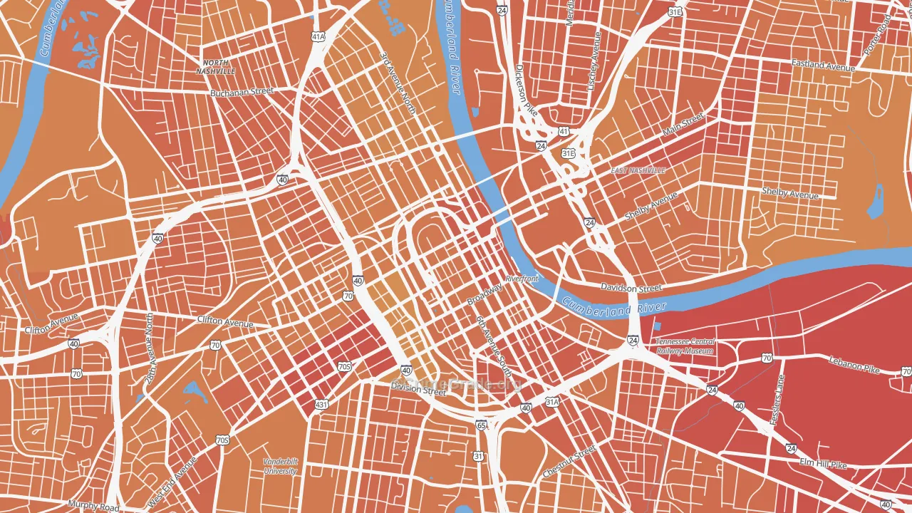 Downtown Nashville, Nashville, TN Map of Vehicle Theft Rates