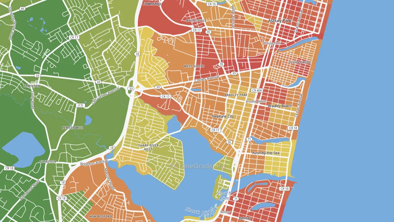 Downtown Neptune City, Neptune City, NJ Map of Vehicle Theft Rates