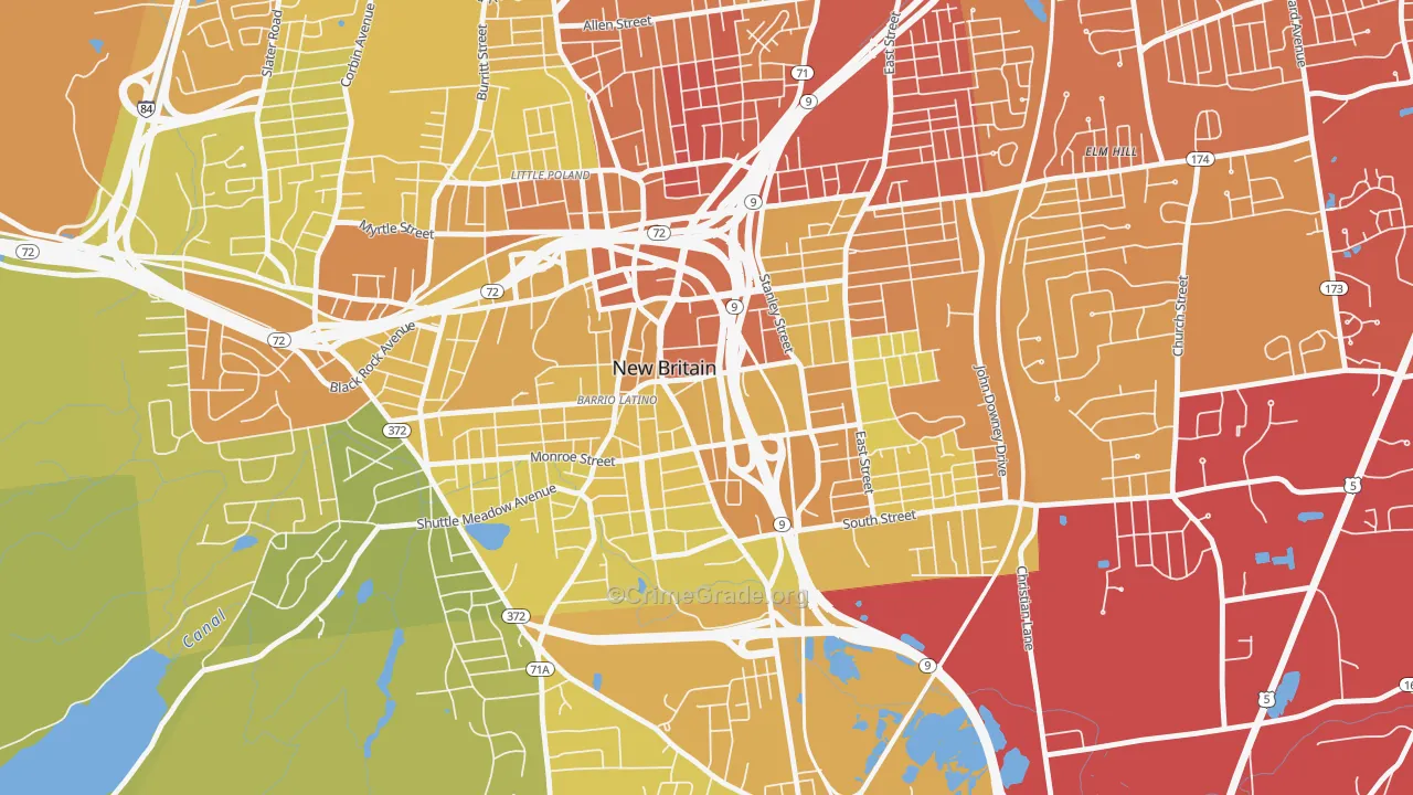 Downtown New Britain, New Britain, CT Map of Vehicle Theft Rates