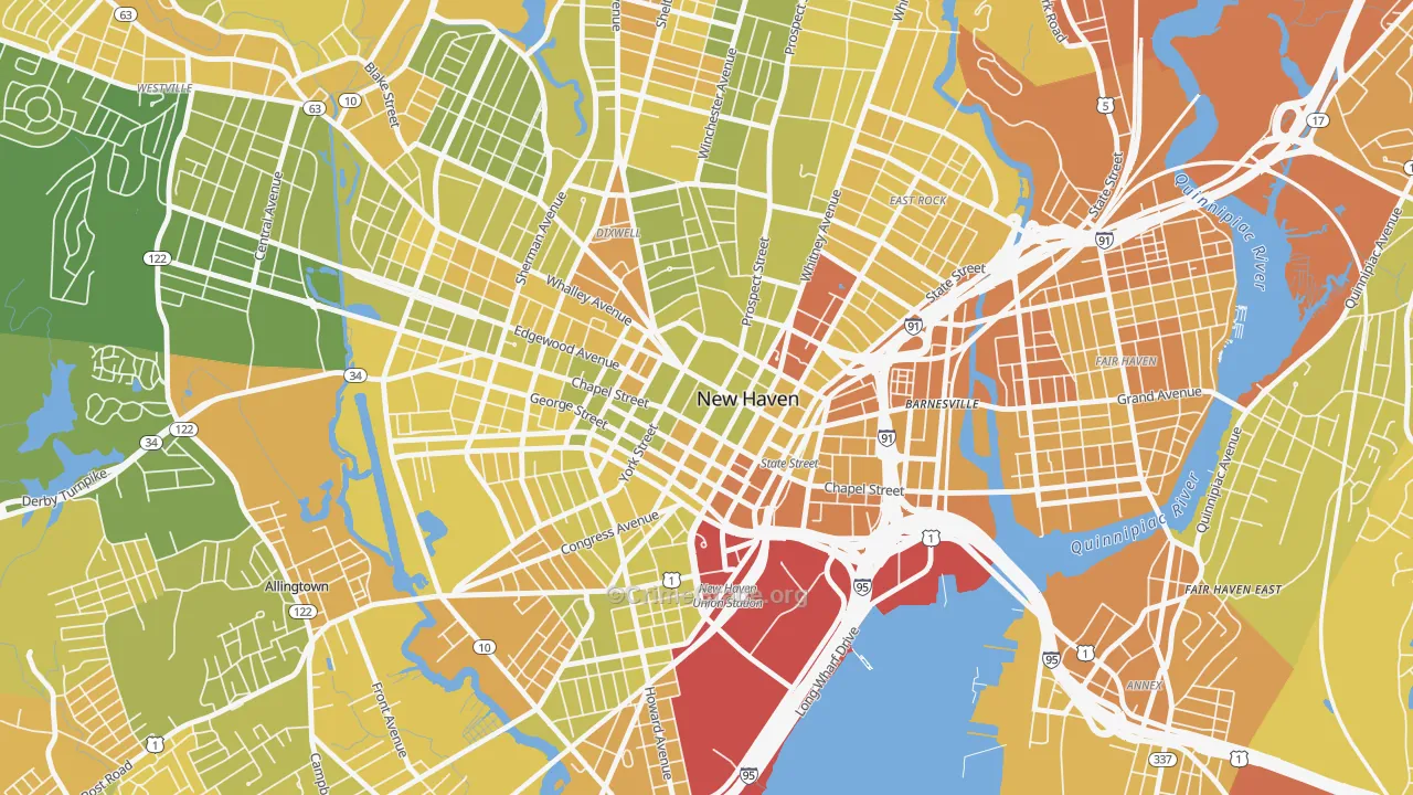 Downtown New Haven, New Haven, CT Map of Vehicle Theft Rates
