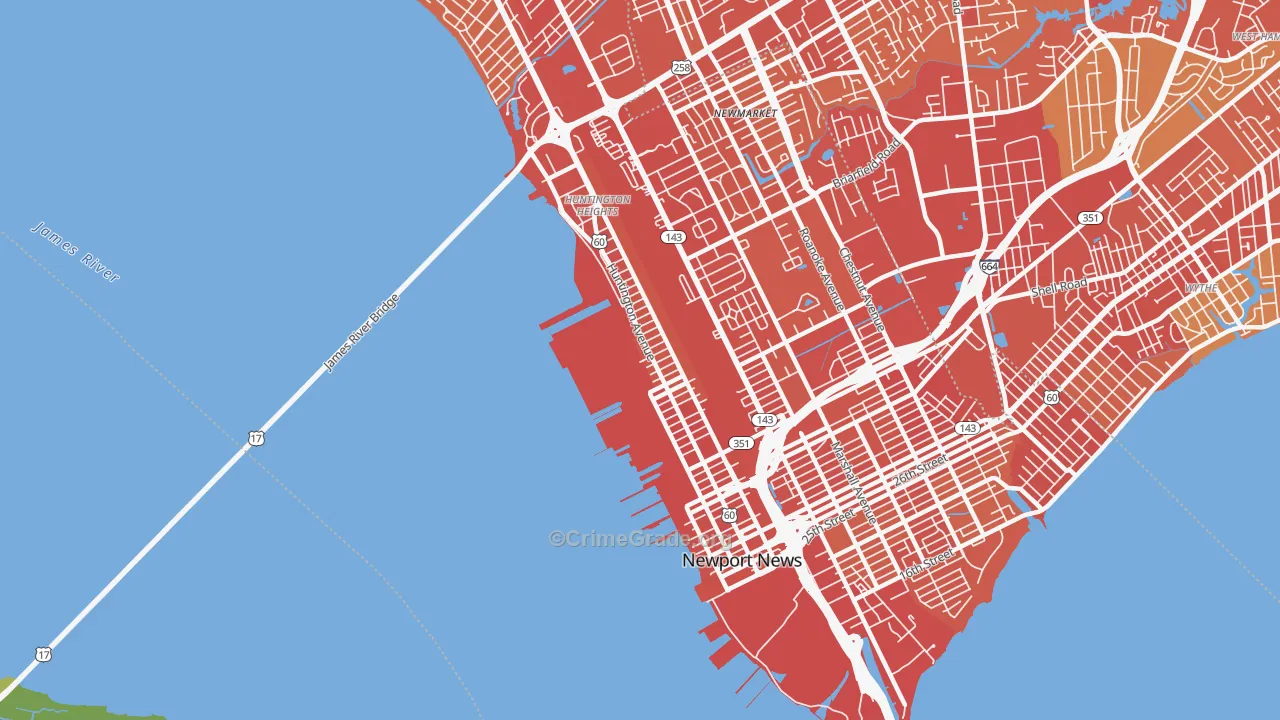 Downtown Newport News, Newport News, VA Map of Vehicle Theft Rates