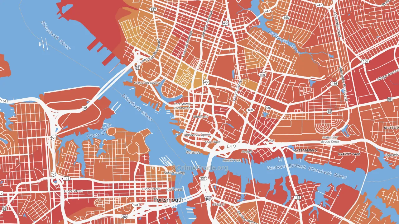 Downtown Norfolk, Norfolk, VA Map of Vehicle Theft Rates