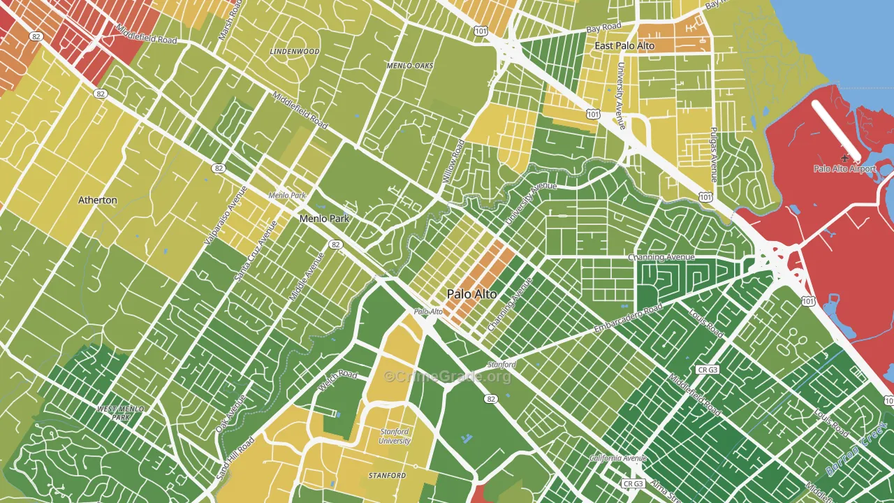 Downtown North San Jose, Palo Alto, CA Map of Vehicle Theft Rates