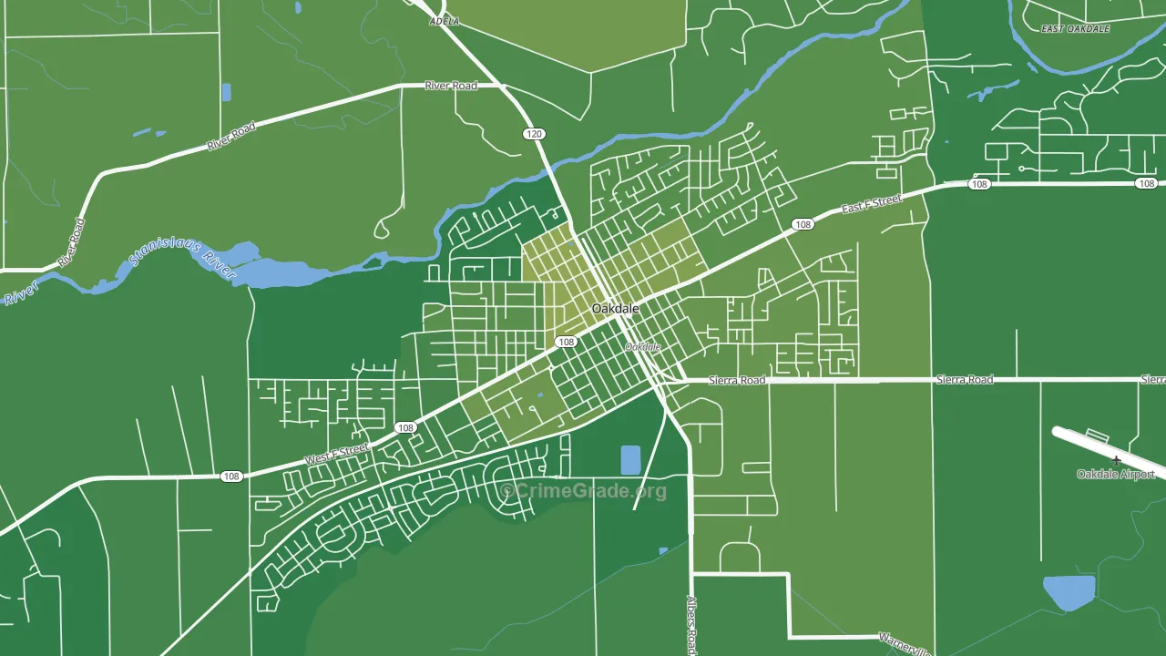 Downtown Oakdale, Oakdale, CA Map of Vehicle Theft Rates