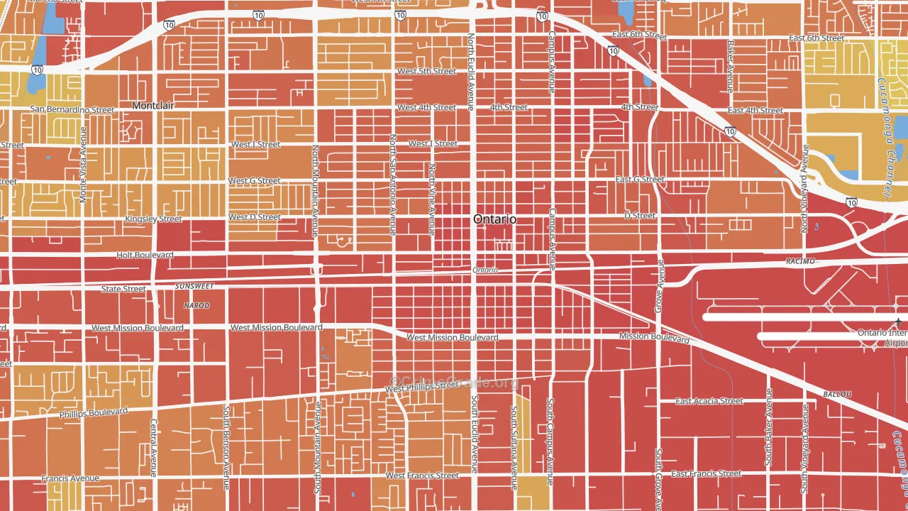Downtown Ontario, Ontario, CA Map of Vehicle Theft Rates