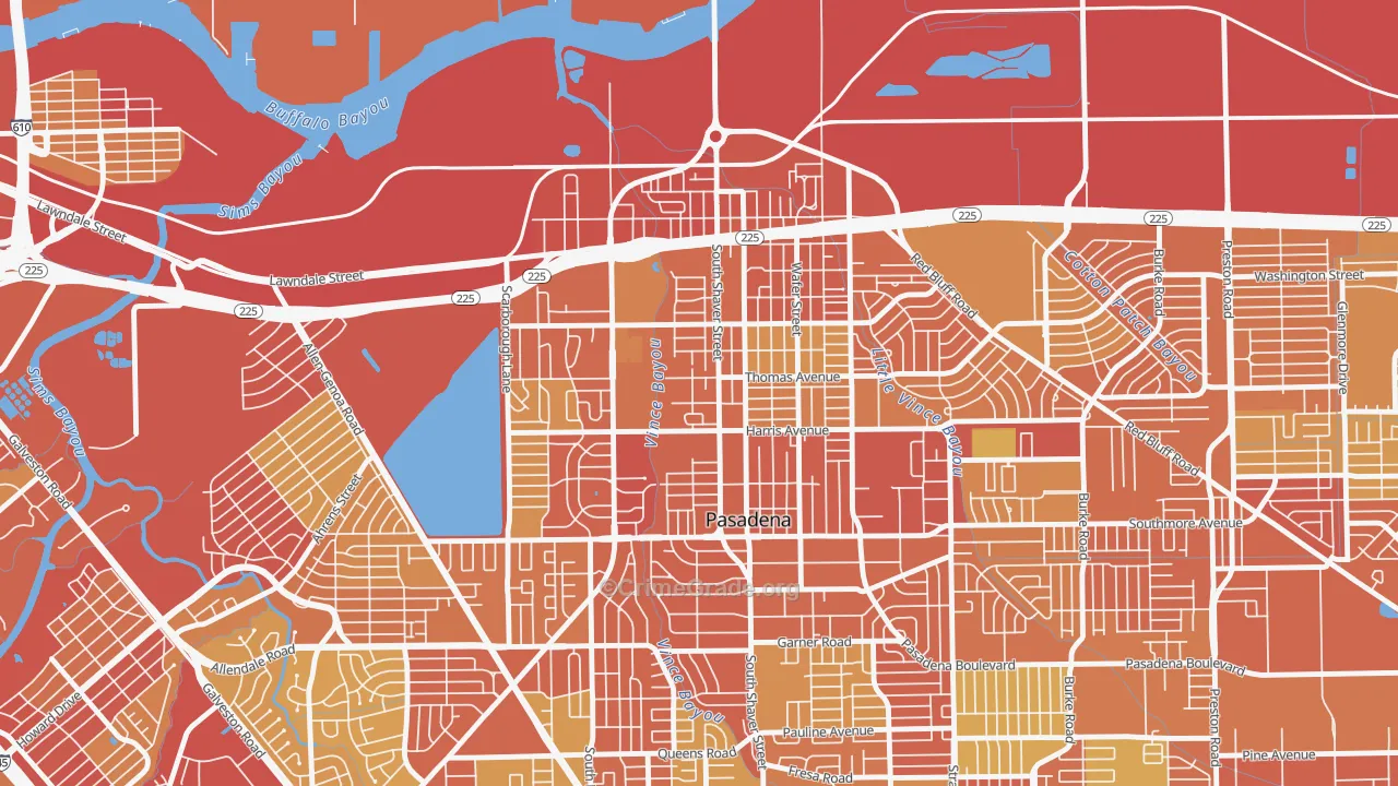 Downtown Pasadena, Pasadena, TX Map of Vehicle Theft Rates