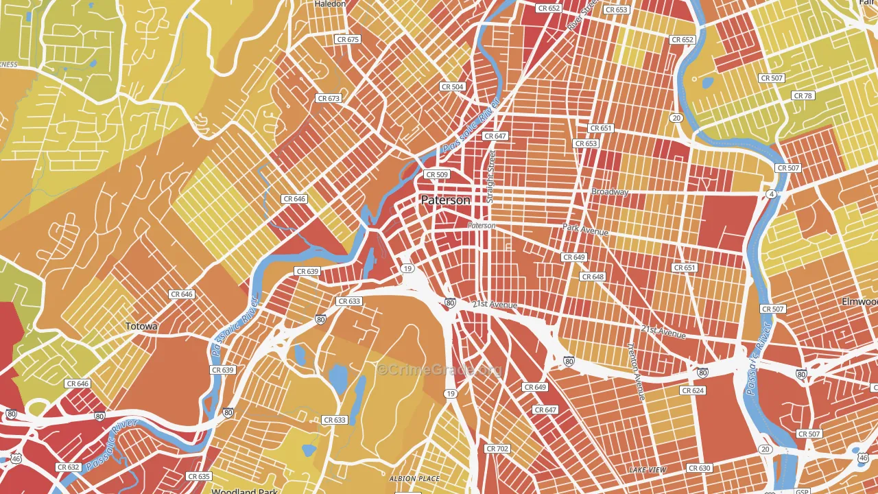Downtown Paterson, Paterson, NJ Map of Vehicle Theft Rates