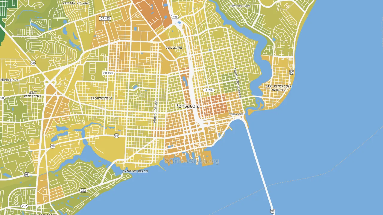 Downtown Pensacola, Pensacola, FL Map of Vehicle Theft Rates