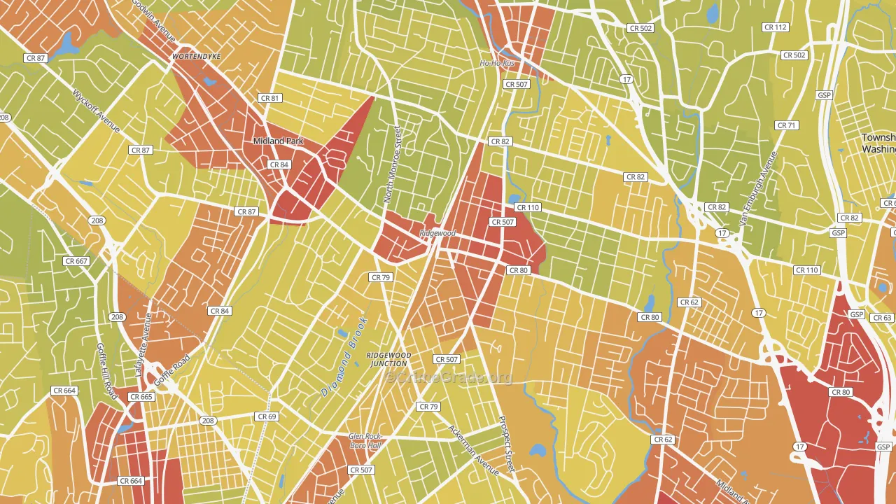 Downtown Ridgewood, Ridgewood, NJ Map of Vehicle Theft Rates