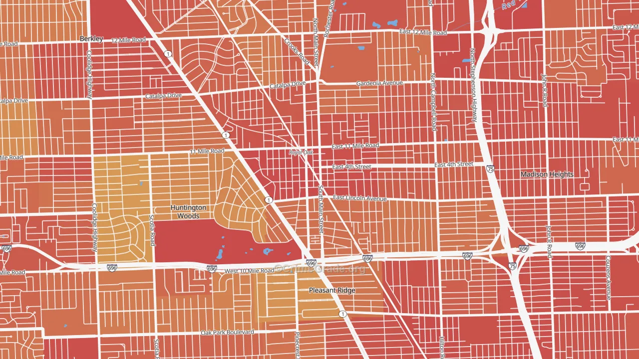 Downtown Royal Oak, Royal Oak, MI Map of Vehicle Theft Rates