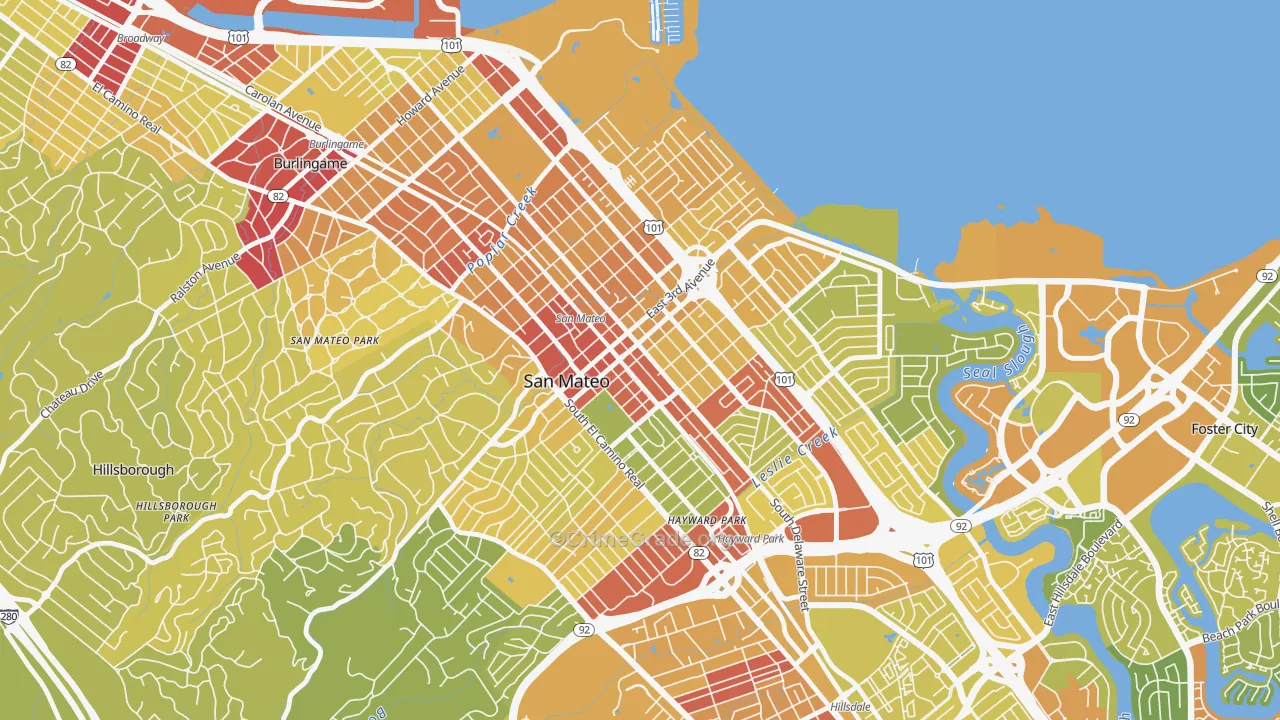 Downtown San Mateo, San Mateo, CA Map of Vehicle Theft Rates