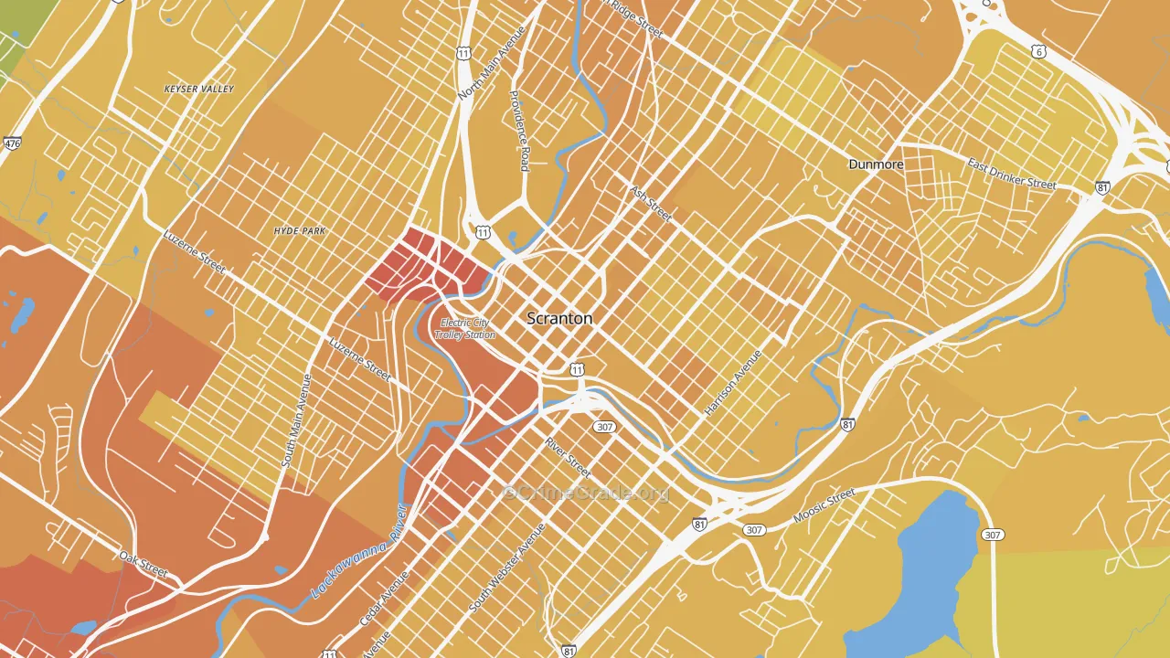 Downtown, Scranton, PA Map of Vehicle Theft Rates