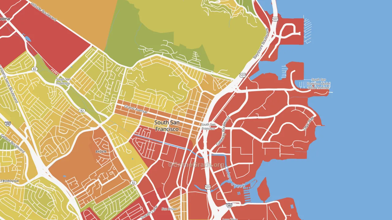 Downtown South San Francisco, South San Francisco, CA Map of Vehicle Theft Rates