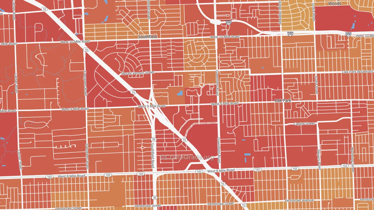 Downtown Southfield, Southfield, MI Map of Vehicle Theft Rates