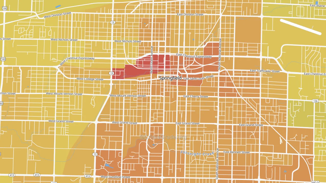 Downtown Springfield, Springfield, MO Map of Vehicle Theft Rates