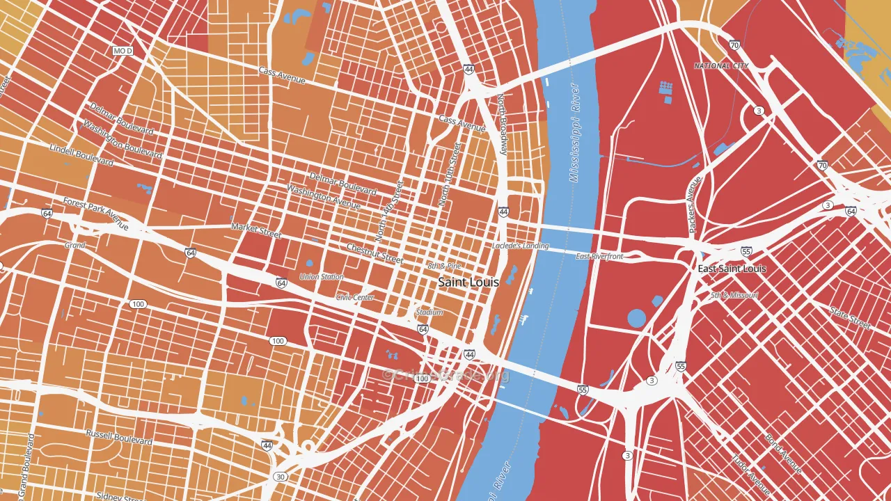 Downtown, St. Louis, MO Map of Vehicle Theft Rates