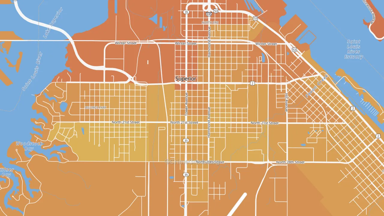 Downtown, Superior, WI Map of Vehicle Theft Rates