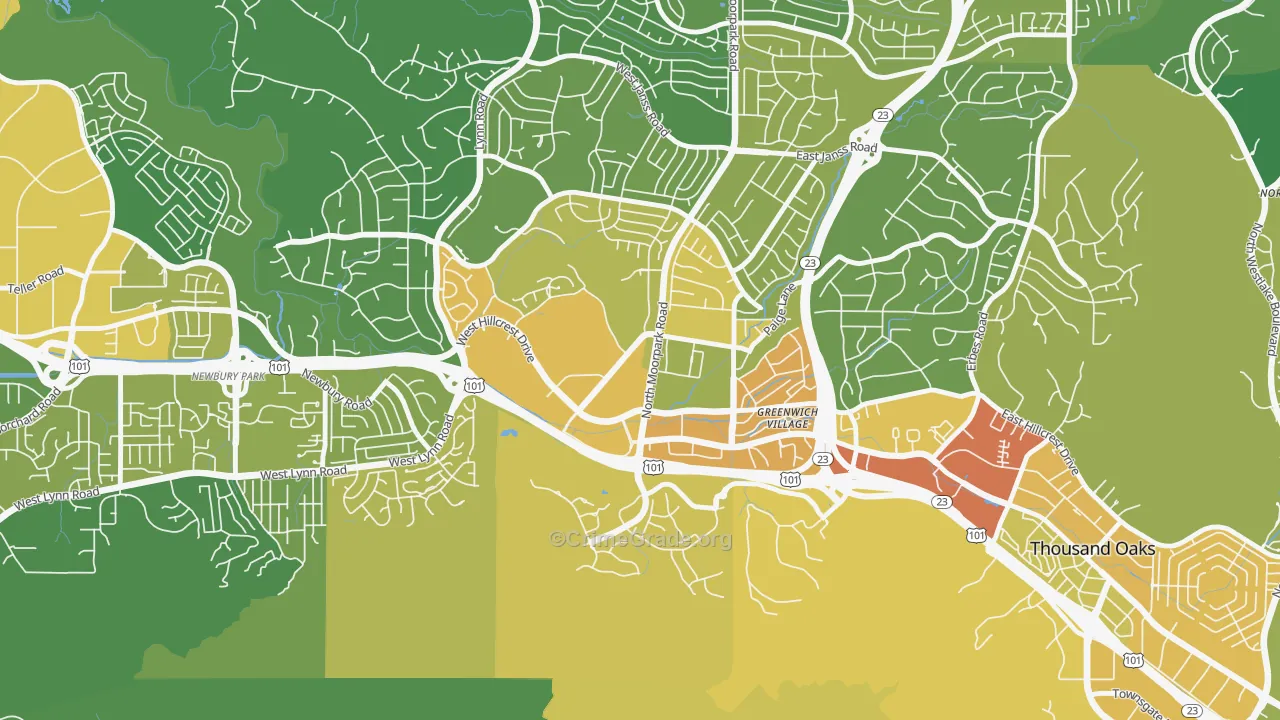 Downtown Thousand Oaks, Thousand Oaks, CA Map of Vehicle Theft Rates