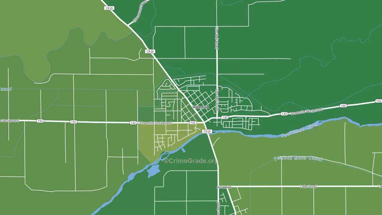 Downtown Waterford, Waterford, CA Map of Vehicle Theft Rates