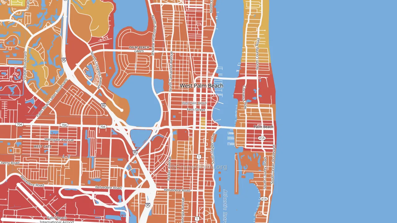 Downtown West Palm Beach, West Palm Beach, FL Map of Vehicle Theft Rates