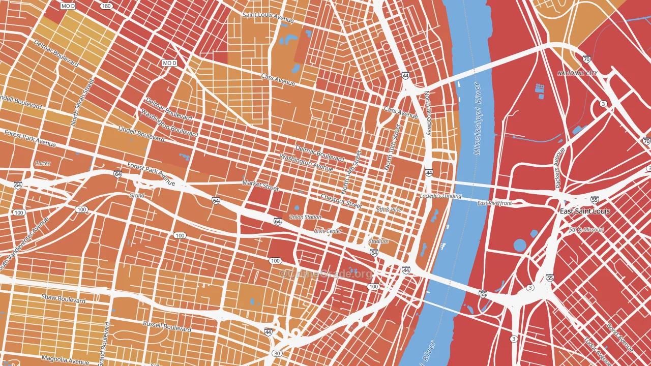 Downtown West, St. Louis, MO Map of Vehicle Theft Rates