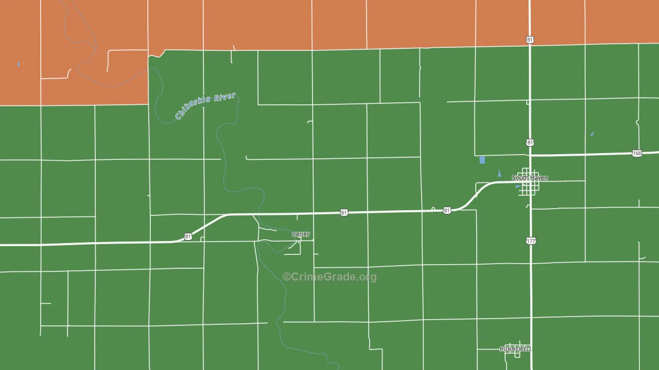 Drury, KS Map of Vehicle Theft Rates