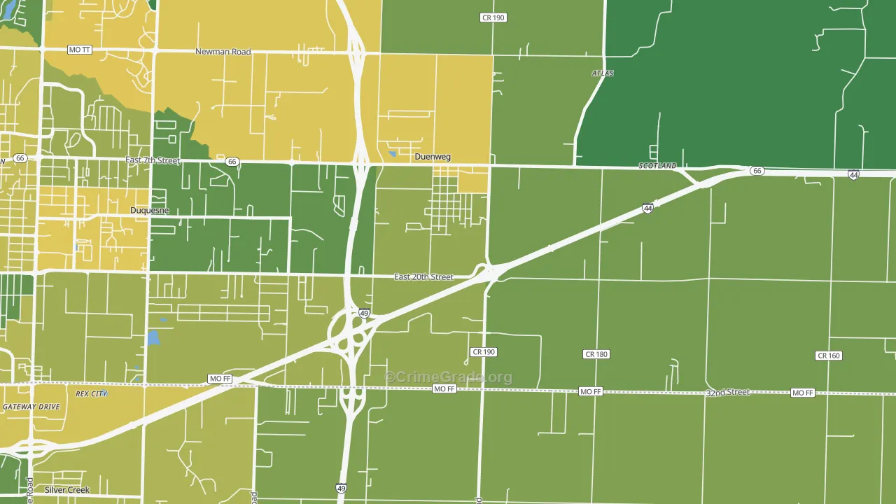 Duenweg, MO Map of Vehicle Theft Rates