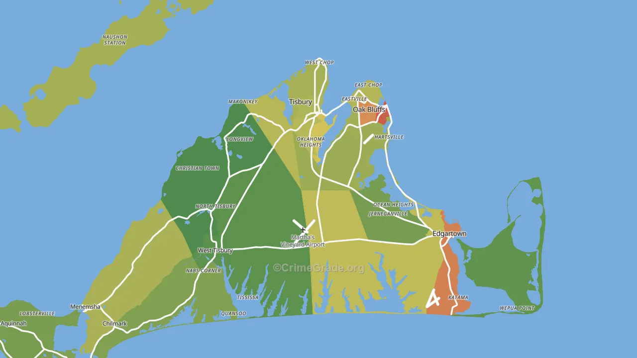Dukes County, MA Map of Vehicle Theft Rates