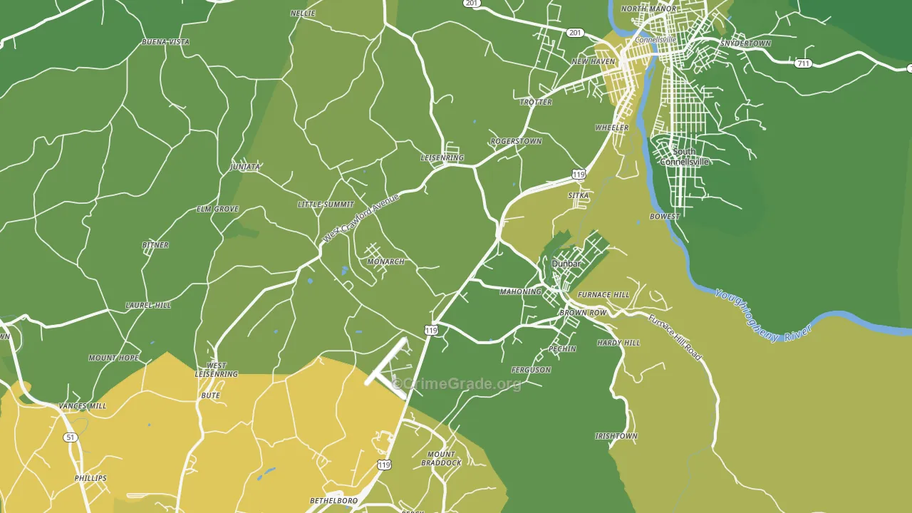 Dunbar, PA Map of Vehicle Theft Rates