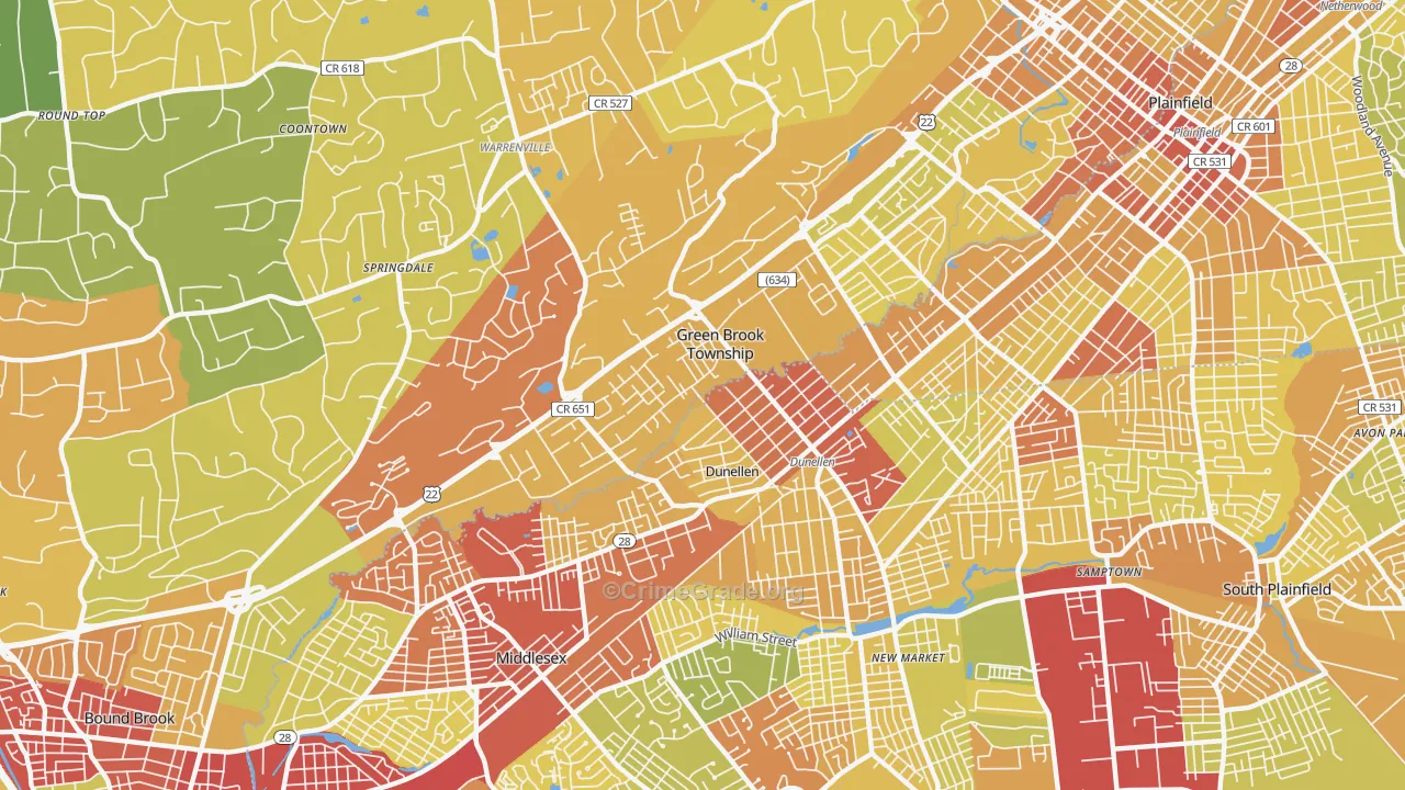 Dunellen, NJ Map of Vehicle Theft Rates