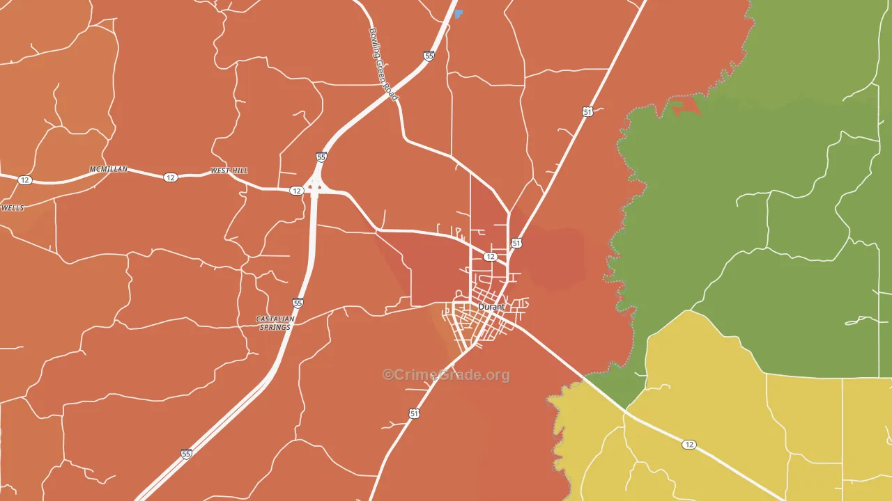 Durant, MS Map of Vehicle Theft Rates