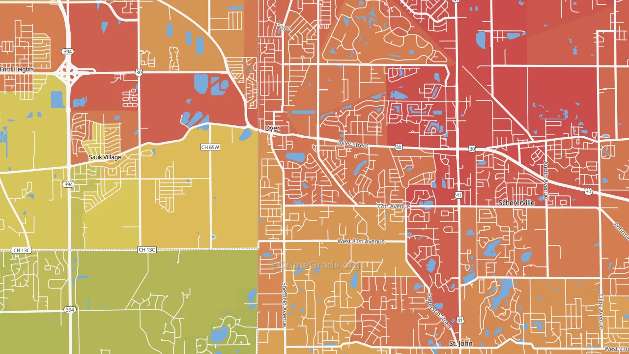 Dyer, IN Map of Vehicle Theft Rates