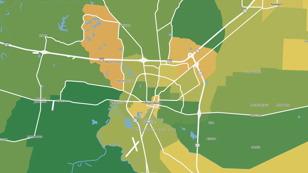 Dyersburg, TN Map of Vehicle Theft Rates
