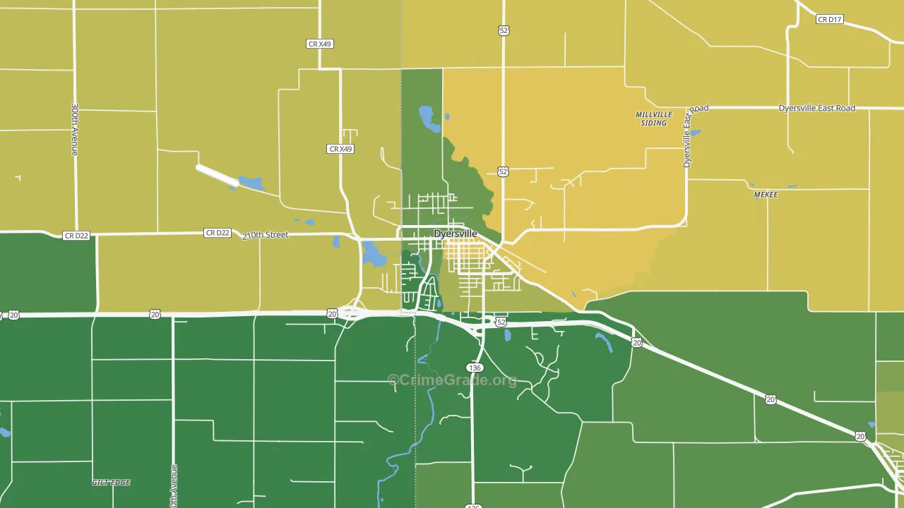 Dyersville, IA Map of Vehicle Theft Rates