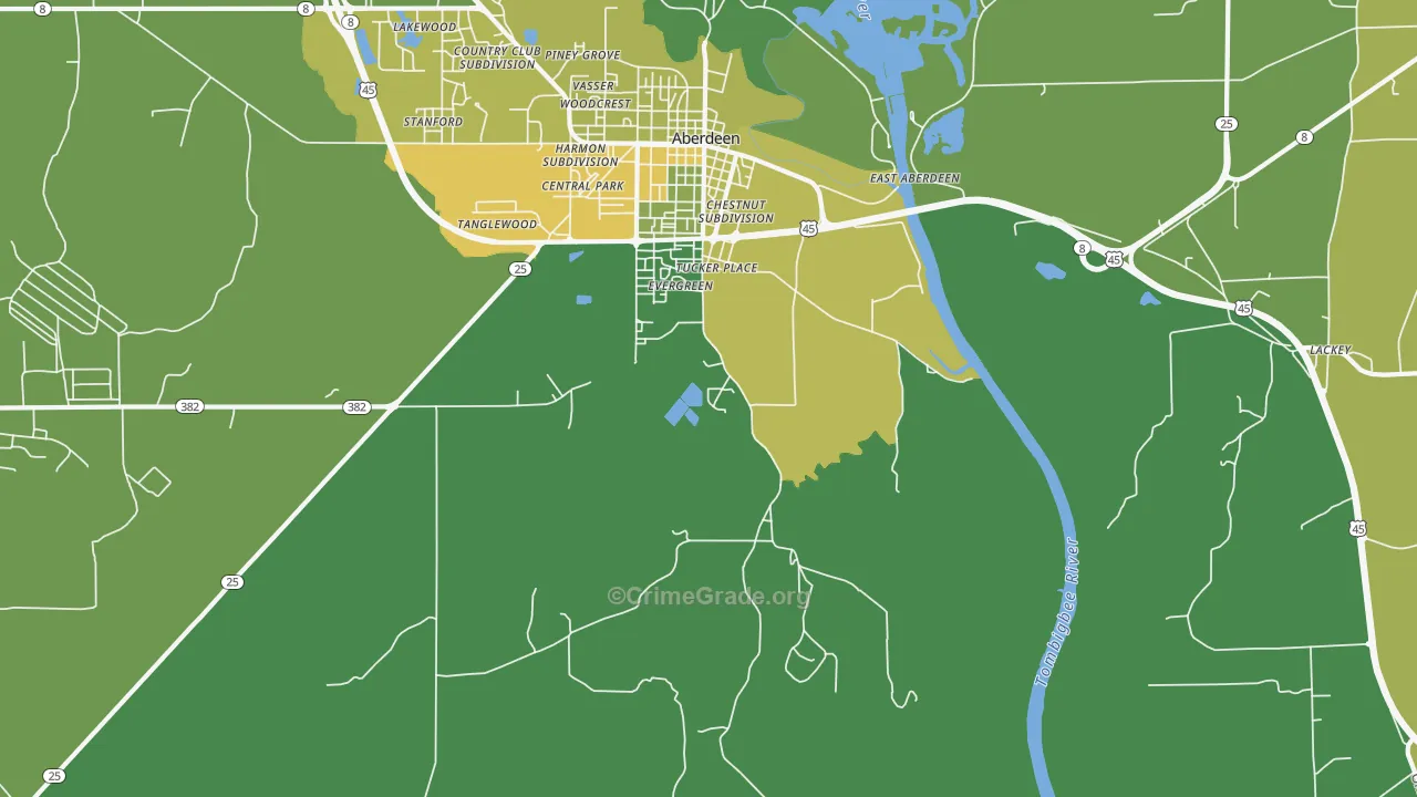 East Aberdeen, MS Map of Vehicle Theft Rates