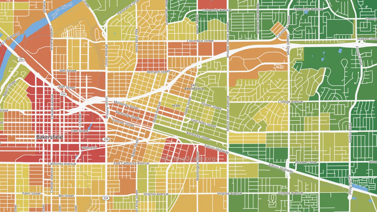 East Bakersfield, Bakersfield, CA Map of Vehicle Theft Rates