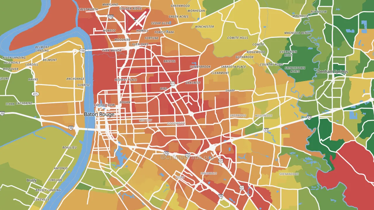 East Baton Rouge Parish, LA Map of Vehicle Theft Rates