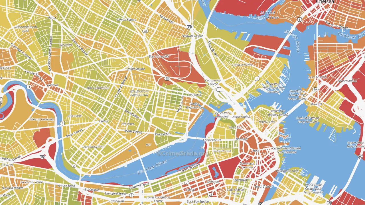 East Cambridge, Cambridge, MA Map of Vehicle Theft Rates
