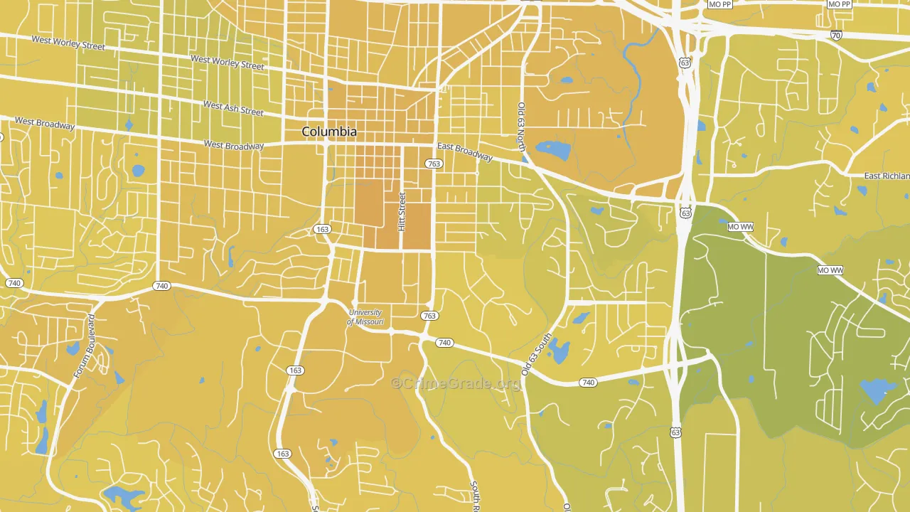 East Campus, Columbia, MO Map of Vehicle Theft Rates