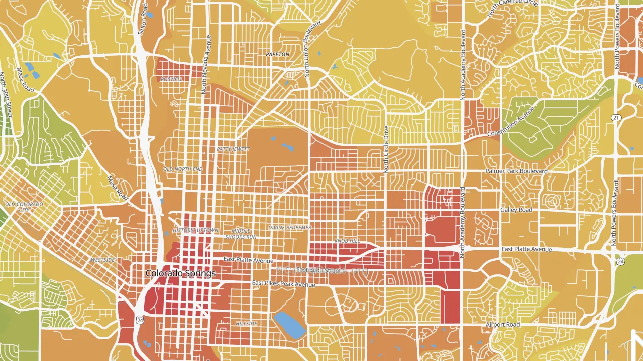 East Colorado Springs, Colorado Springs, CO Map of Vehicle Theft Rates