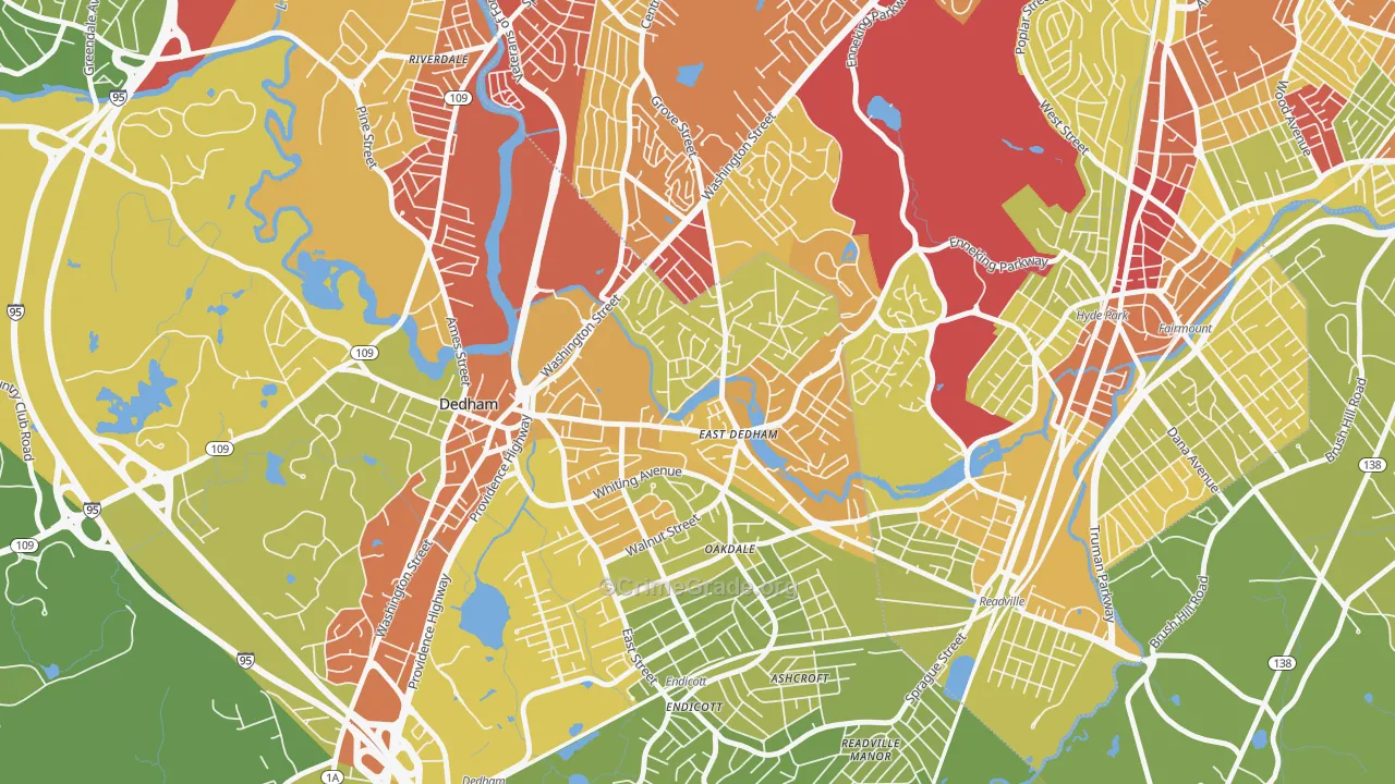 East Dedham, Dedham, MA Map of Vehicle Theft Rates