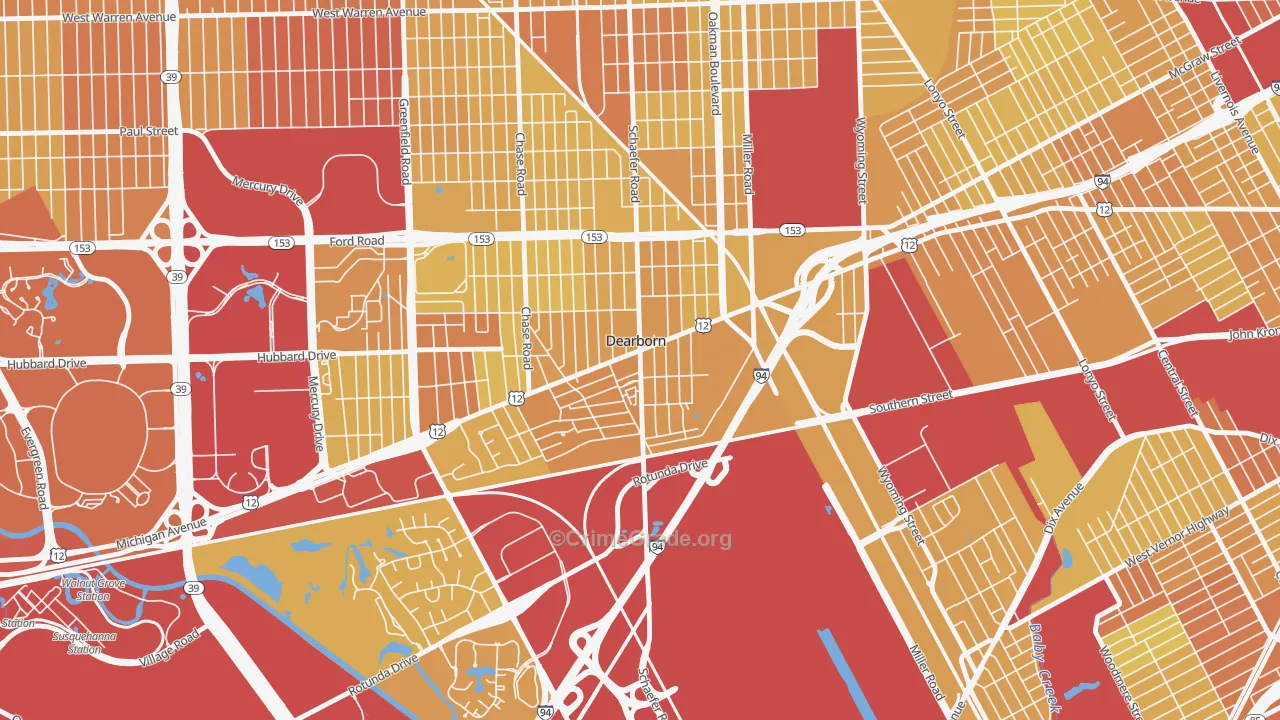 East Downtown Dearborn, Dearborn, MI Map of Vehicle Theft Rates