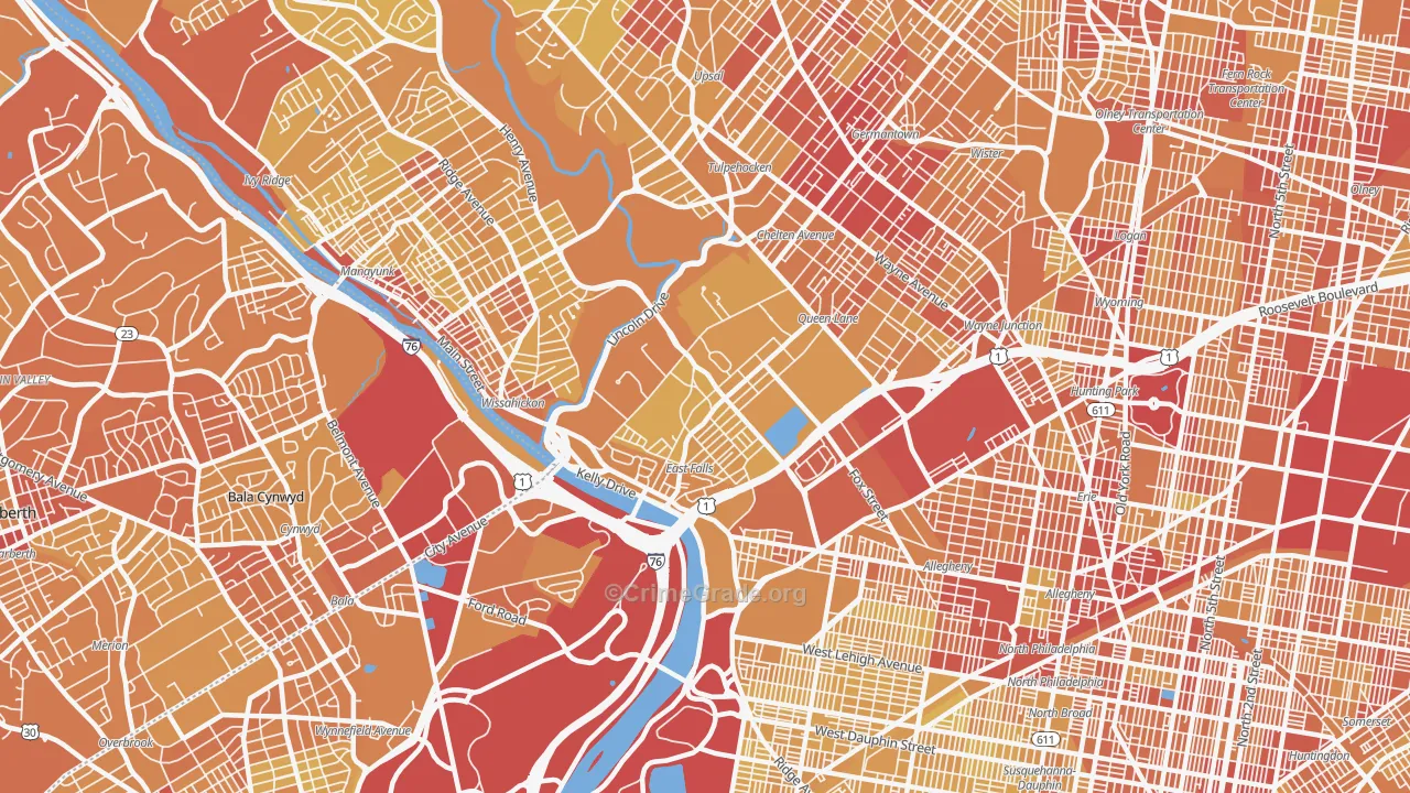 East Falls, Philadelphia, PA Map of Vehicle Theft Rates