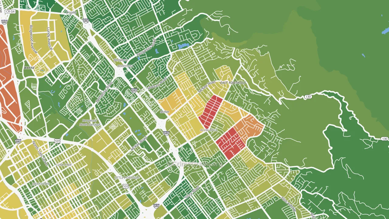 East Foothills, San Jose, CA Map of Vehicle Theft Rates