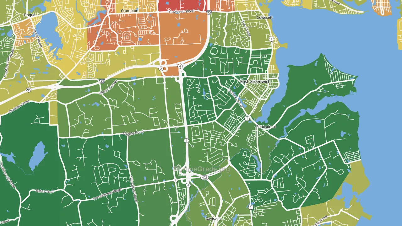 East Greenwich, RI Map of Vehicle Theft Rates